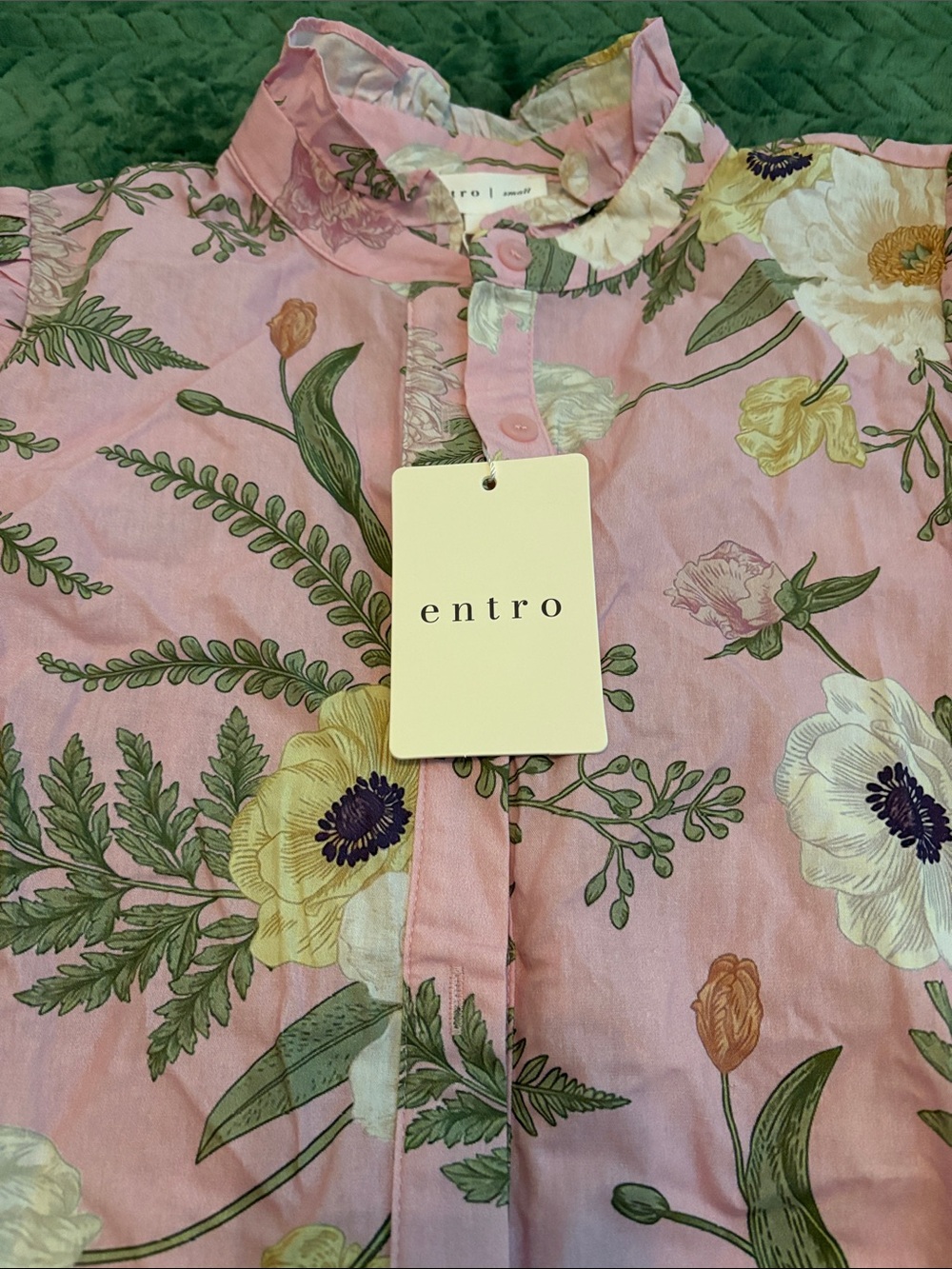 NWT Pink Floral Button Down Blouse Entro Ruffle Neck Puff Sleeves Pink Green S - Picture 2 of 8